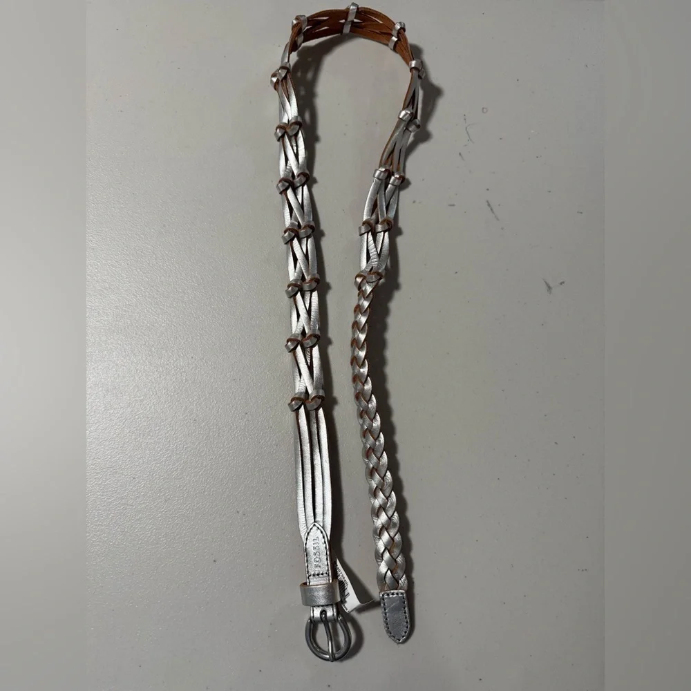 Fossil Silver Knotted Woven Leather Braided Belt Size Large NWT